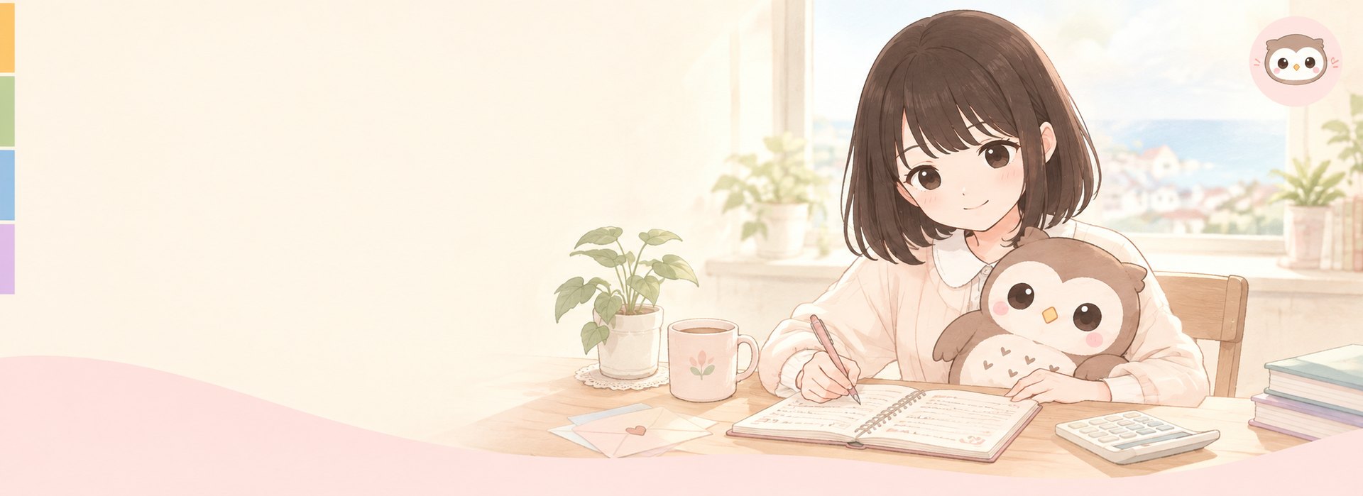 ノートに書きものをする女性とフクロウのぬいぐるみ